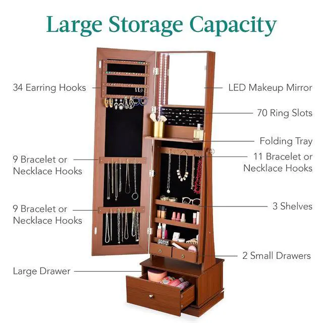 Alt view image 5 of 7 - 360 Swivel Mirrored Jewelry Cabinet, Standing Armoire, Makeup Storage Organizer, w/LED-lit Mirror, 3 Shelves - Walnut