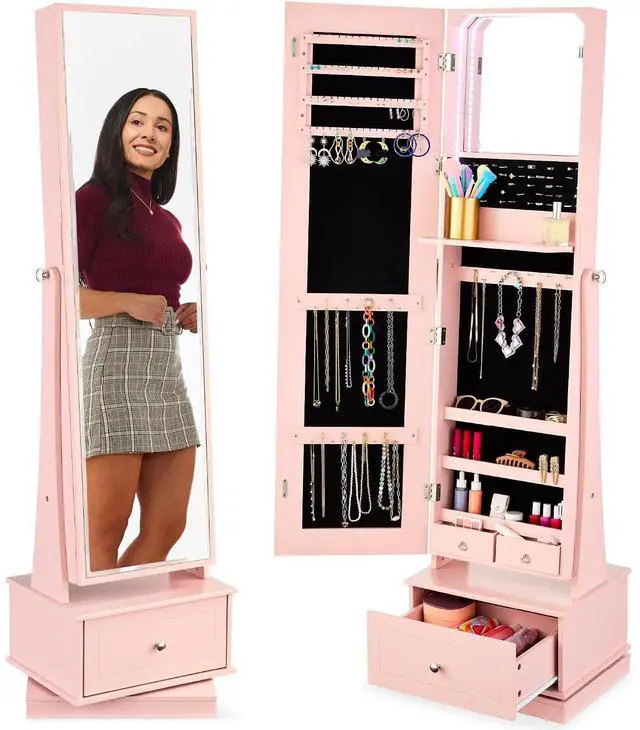 Main image of 360 Swivel Mirrored Jewelry Cabinet, Standing Armoire, Makeup Storage Organizer, w/LED-lit Mirror, 3 Shelves - Dusty Pink