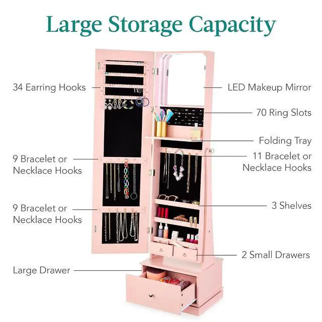 Alt view image 5 of 7 - 360 Swivel Mirrored Jewelry Cabinet, Standing Armoire, Makeup Storage Organizer, w/LED-lit Mirror, 3 Shelves - Dusty Pink