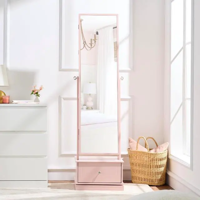 Alt view image 7 of 7 - 360 Swivel Mirrored Jewelry Cabinet, Standing Armoire, Makeup Storage Organizer, w/LED-lit Mirror, 3 Shelves - Dusty Pink