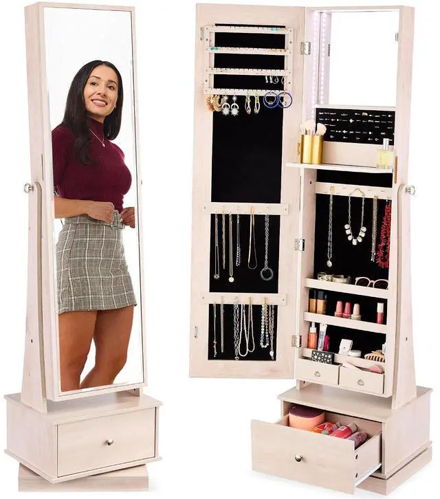 Main image of 360 Swivel Mirrored Jewelry Cabinet, Standing Armoire, Makeup Storage Organizer, w/LED-lit Mirror, 3 Shelves - Coastal White