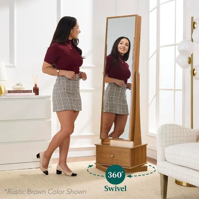 Alt view image 2 of 7 - 360 Swivel Mirrored Jewelry Cabinet, Standing Armoire, Makeup Storage Organizer, w/LED-lit Mirror, 3 Shelves - Coastal White
