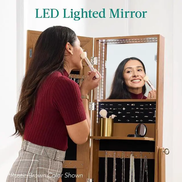 Alt view image 6 of 7 - 360 Swivel Mirrored Jewelry Cabinet, Standing Armoire, Makeup Storage Organizer, w/LED-lit Mirror, 3 Shelves - Coastal White