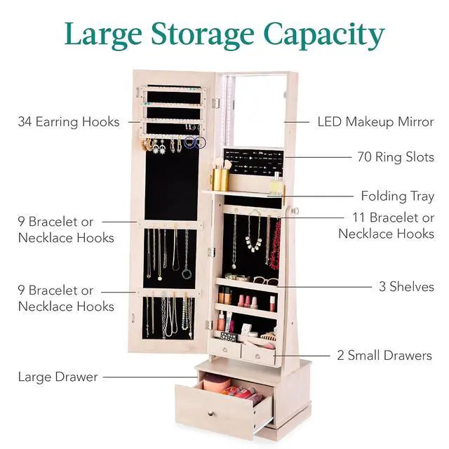 Alt view image 5 of 7 - 360 Swivel Mirrored Jewelry Cabinet, Standing Armoire, Makeup Storage Organizer, w/LED-lit Mirror, 3 Shelves - Coastal White