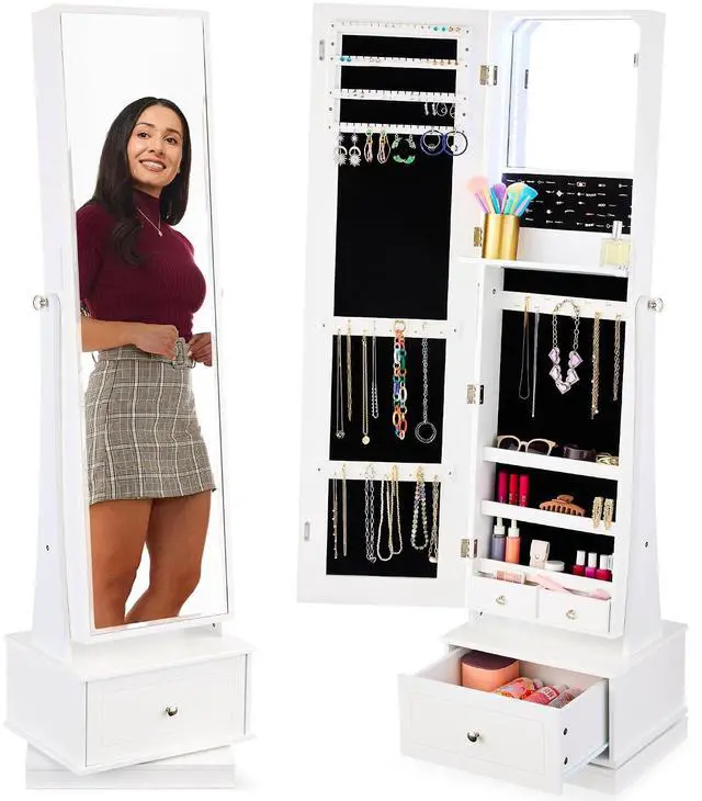 Main image of 360 Swivel Mirrored Jewelry Cabinet, Standing Armoire, Makeup Storage Organizer, w/LED-lit Mirror, 3 Shelves - White