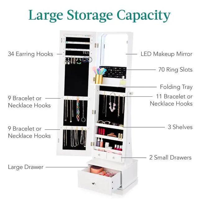 Alt view image 5 of 7 - 360 Swivel Mirrored Jewelry Cabinet, Standing Armoire, Makeup Storage Organizer, w/LED-lit Mirror, 3 Shelves - White