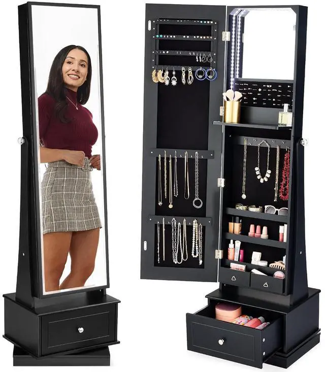 Main image of 360 Swivel Mirrored Jewelry Cabinet, Standing Armoire, Makeup Storage Organizer, w/LED-lit Mirror, 3 Shelves - Black