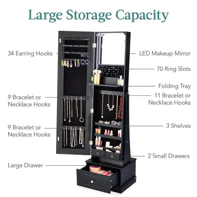 Alt view image 5 of 7 - 360 Swivel Mirrored Jewelry Cabinet, Standing Armoire, Makeup Storage Organizer, w/LED-lit Mirror, 3 Shelves - Black