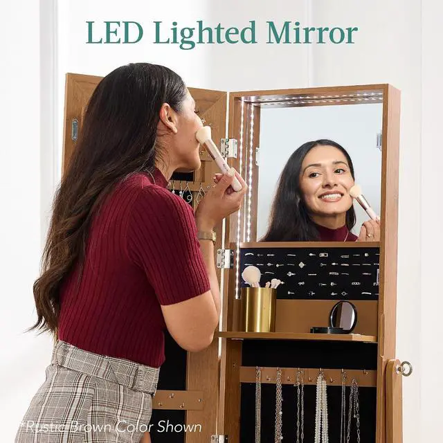 Alt view image 6 of 7 - 360 Swivel Mirrored Jewelry Cabinet, Standing Armoire, Makeup Storage Organizer, w/LED-lit Mirror, 3 Shelves - Black