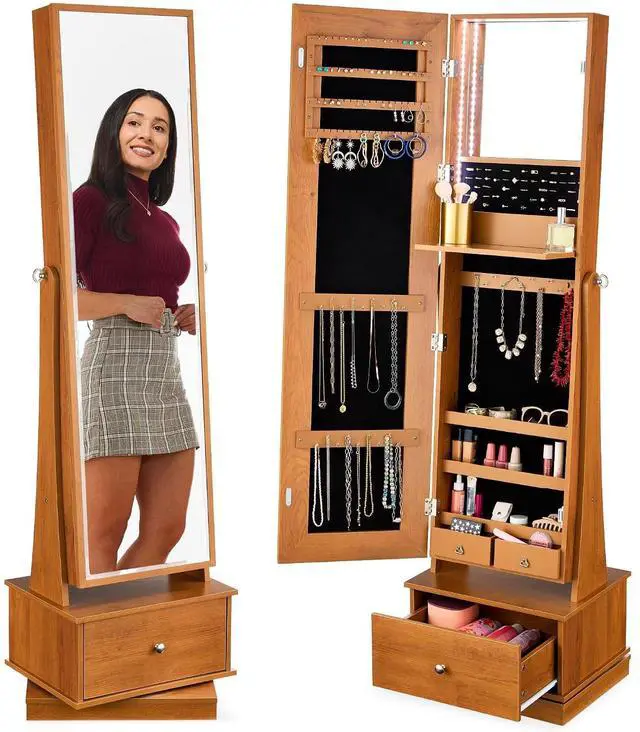Main image of 360 Swivel Mirrored Jewelry Cabinet, Standing Armoire, Makeup Storage Organizer, w/LED-lit Mirror, 3 Shelves - Rustic Brown