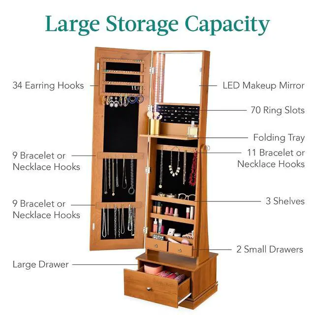Alt view image 5 of 7 - 360 Swivel Mirrored Jewelry Cabinet, Standing Armoire, Makeup Storage Organizer, w/LED-lit Mirror, 3 Shelves - Rustic Brown