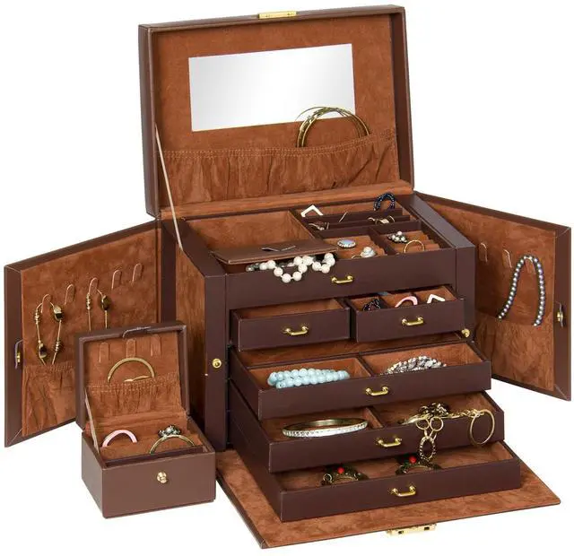 Main image of Leather Collectors Organizer Storage Case for Jewelry Trinkets w/Mini Travel Case, Shelves, Hooks, Drawers, Pockets, Brown