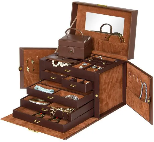 Alt view image 3 of 6 - Leather Collectors Organizer Storage Case for Jewelry Trinkets w/Mini Travel Case, Shelves, Hooks, Drawers, Pockets, Brown