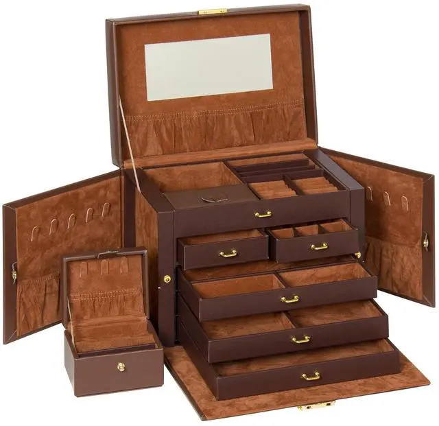 Alt view image 4 of 6 - Leather Collectors Organizer Storage Case for Jewelry Trinkets w/Mini Travel Case, Shelves, Hooks, Drawers, Pockets, Brown