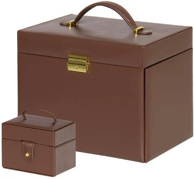 Alt view image 5 of 6 - Leather Collectors Organizer Storage Case for Jewelry Trinkets w/Mini Travel Case, Shelves, Hooks, Drawers, Pockets, Brown