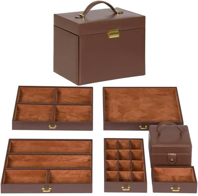 Alt view image 6 of 6 - Leather Collectors Organizer Storage Case for Jewelry Trinkets w/Mini Travel Case, Shelves, Hooks, Drawers, Pockets, Brown