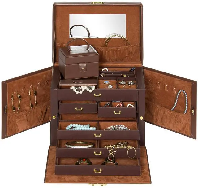 Alt view image 2 of 6 - Leather Collectors Organizer Storage Case for Jewelry Trinkets w/Mini Travel Case, Shelves, Hooks, Drawers, Pockets, Brown