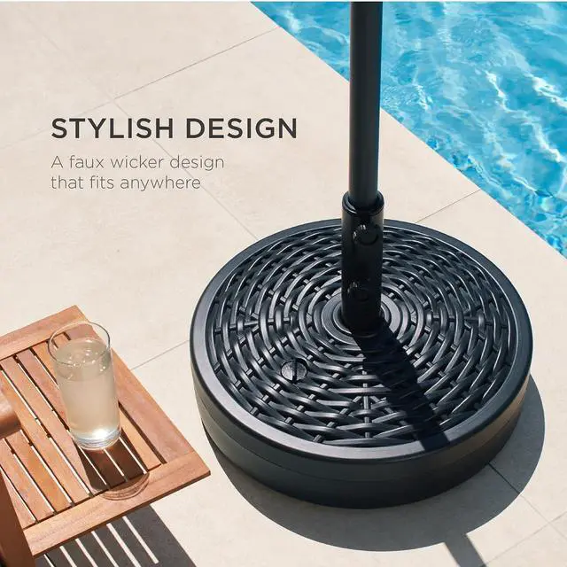 Alt view image 2 of 7 - Fillable Umbrella Base Stand, Round Faux Wicker Plastic Patio Umbrella Base Stand, Pole Holder for Outdoor, Lawn w/ 55lbs Weight Capacity, 2 Adjustment Knobs