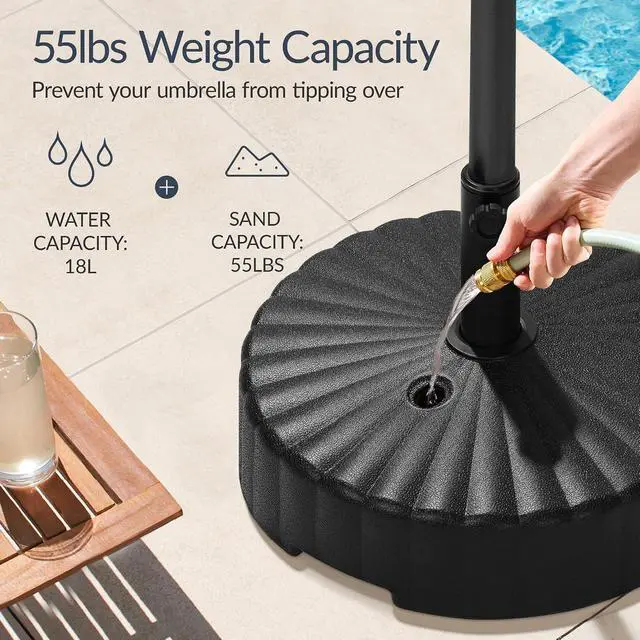 Alt view image 3 of 7 - Fillable Umbrella Base Stand Scallop Pattern Plastic Patio Umbrella Base Stand, Pole Holder for Outdoor, Lawn w/ 55lbs Weight Capacity, 2 Adjustment Knobs - Black