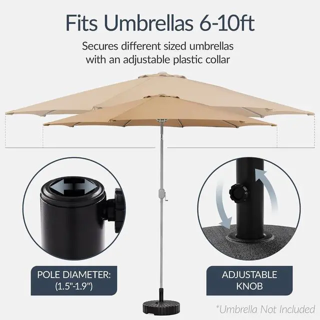 Alt view image 4 of 7 - Fillable Umbrella Base Stand Scallop Pattern Plastic Patio Umbrella Base Stand, Pole Holder for Outdoor, Lawn w/ 55lbs Weight Capacity, 2 Adjustment Knobs - Black