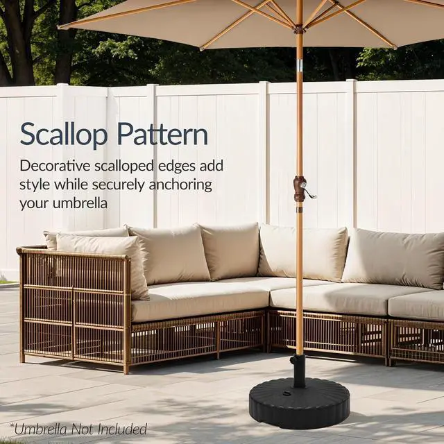Alt view image 5 of 7 - Fillable Umbrella Base Stand Scallop Pattern Plastic Patio Umbrella Base Stand, Pole Holder for Outdoor, Lawn w/ 55lbs Weight Capacity, 2 Adjustment Knobs - Black