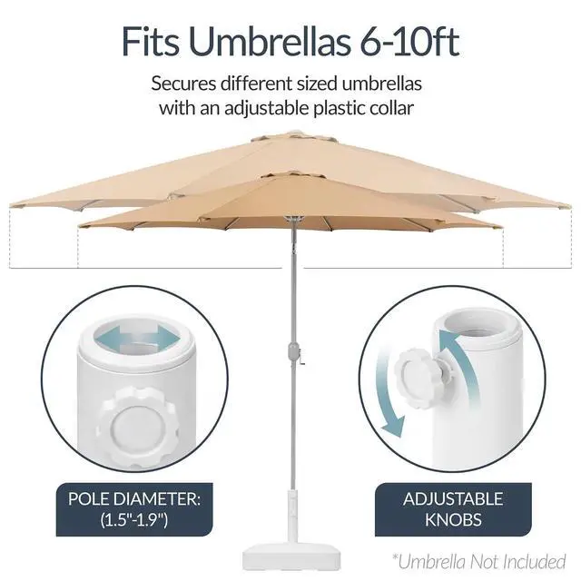 Alt view image 4 of 7 - 55lb Fillable Umbrella Base Stand, Plastic Patio Umbrella Stand with Pole Holder, Adjustment Knob for Outdoor, Lawn, Deck, Asscher Design - White