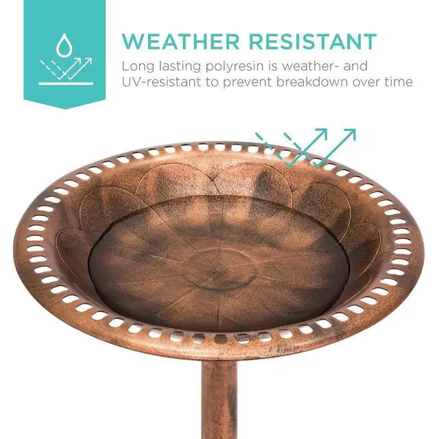 Alt view image 2 of 7 - Best Choice Products 28in Pedestal Bird Bath, Vintage Outdoor Resin Accent Decoration w/Fleur-de-Lis Accents - Copper