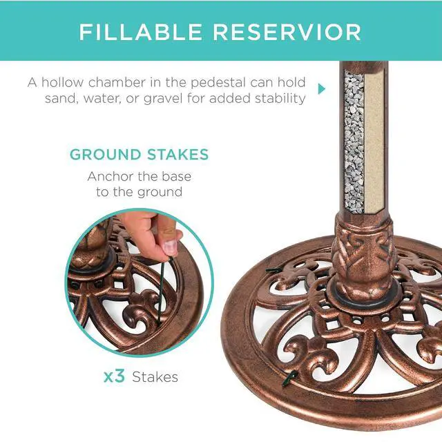Alt view image 3 of 7 - Best Choice Products 28in Pedestal Bird Bath, Vintage Outdoor Resin Accent Decoration w/Fleur-de-Lis Accents - Copper