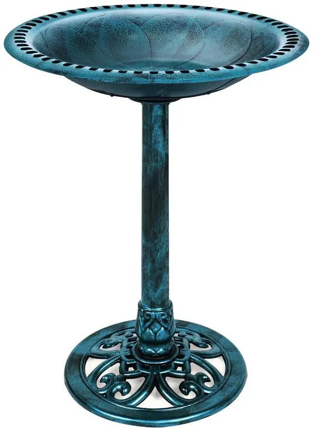 Main image of Best Choice Products 28in Pedestal Bird Bath, Vintage Outdoor Resin Accent Decoration w/Fleur-de-Lis Accents - Peacock Blue