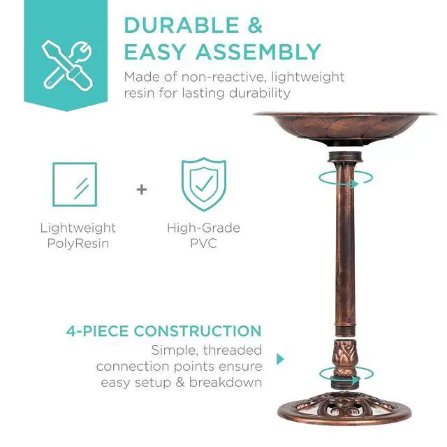 Alt view image 5 of 7 - Best Choice Products 28in Pedestal Bird Bath, Vintage Outdoor Resin Accent Decoration w/Fleur-de-Lis Accents - Copper