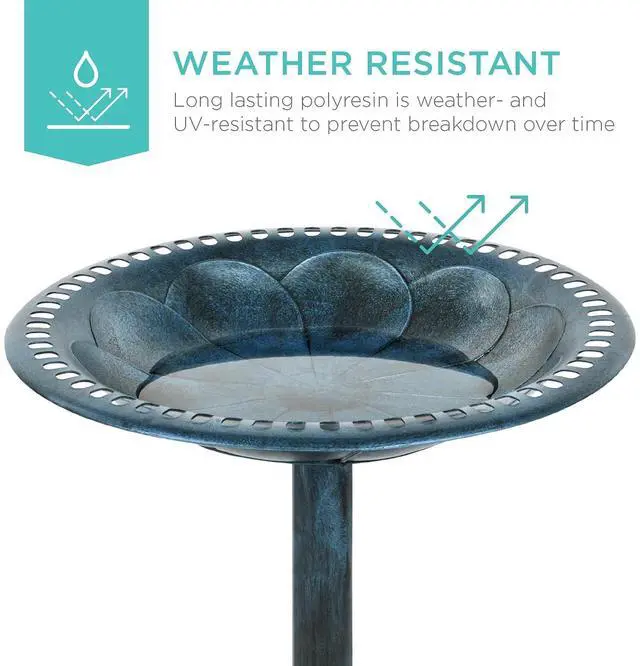 Alt view image 2 of 7 - Best Choice Products 28in Pedestal Bird Bath, Vintage Outdoor Resin Accent Decoration w/Fleur-de-Lis Accents - Peacock Blue