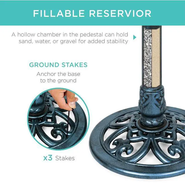 Alt view image 3 of 7 - Best Choice Products 28in Pedestal Bird Bath, Vintage Outdoor Resin Accent Decoration w/Fleur-de-Lis Accents - Peacock Blue