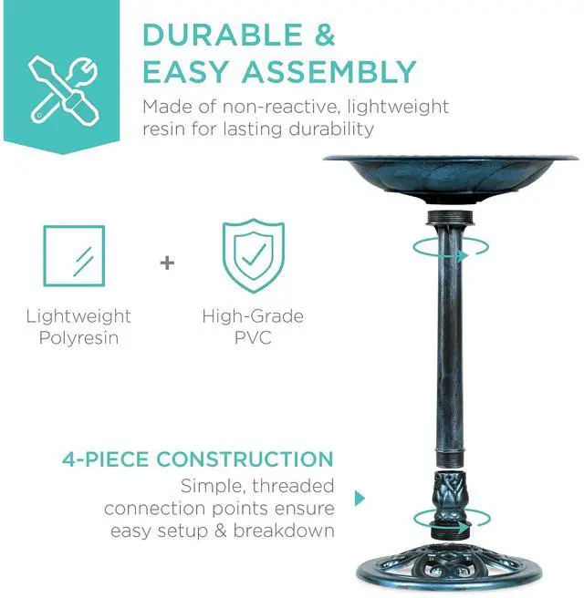 Alt view image 5 of 7 - Best Choice Products 28in Pedestal Bird Bath, Vintage Outdoor Resin Accent Decoration w/Fleur-de-Lis Accents - Peacock Blue