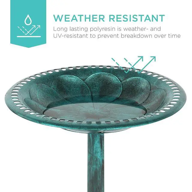 Alt view image 2 of 7 - Best Choice Products 28in Pedestal Bird Bath, Vintage Outdoor Resin Accent Decoration w/Fleur-de-Lis Accents - Green