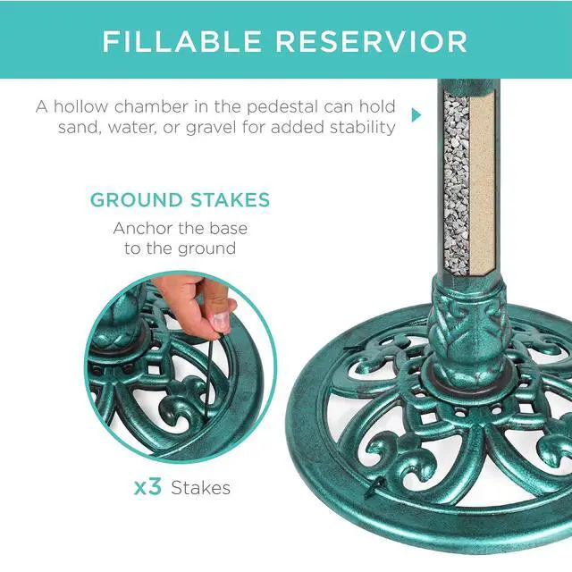 Alt view image 3 of 7 - Best Choice Products 28in Pedestal Bird Bath, Vintage Outdoor Resin Accent Decoration w/Fleur-de-Lis Accents - Green