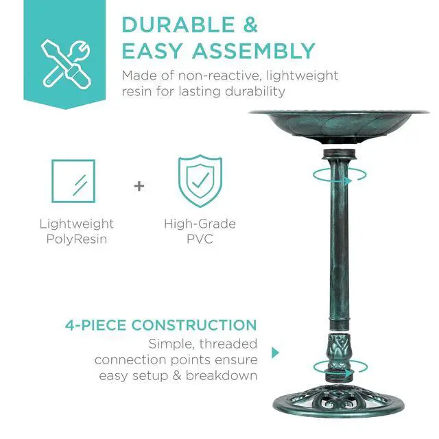 Alt view image 5 of 7 - Best Choice Products 28in Pedestal Bird Bath, Vintage Outdoor Resin Accent Decoration w/Fleur-de-Lis Accents - Green