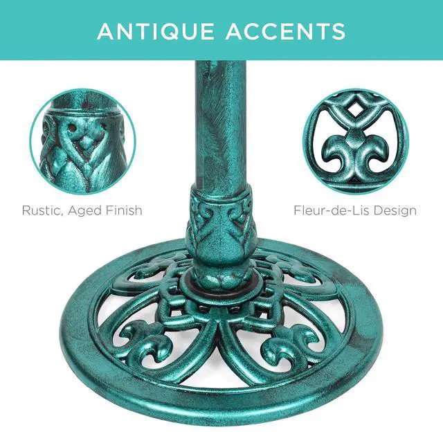 Alt view image 4 of 7 - Best Choice Products 28in Pedestal Bird Bath, Vintage Outdoor Resin Accent Decoration w/Fleur-de-Lis Accents - Green