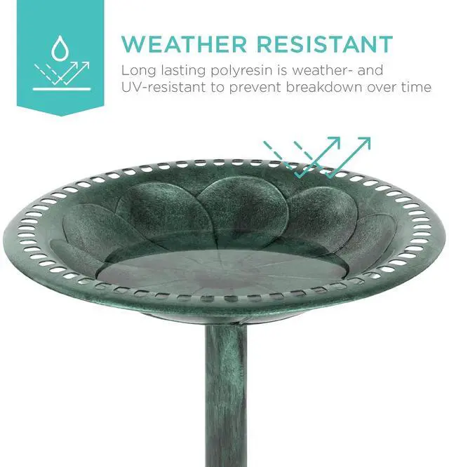 Alt view image 2 of 7 - Best Choice Products 28in Pedestal Bird Bath, Vintage Outdoor Resin Accent Decoration w/Fleur-de-Lis Accents - Mint Green