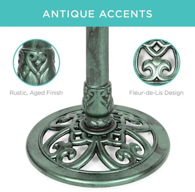 Alt view image 4 of 7 - Best Choice Products 28in Pedestal Bird Bath, Vintage Outdoor Resin Accent Decoration w/Fleur-de-Lis Accents - Mint Green