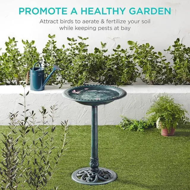 Alt view image 6 of 7 - Best Choice Products 28in Pedestal Bird Bath, Vintage Outdoor Resin Accent Decoration w/Fleur-de-Lis Accents - Green