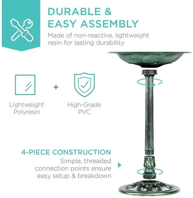 Alt view image 5 of 7 - Best Choice Products 28in Pedestal Bird Bath, Vintage Outdoor Resin Accent Decoration w/Fleur-de-Lis Accents - Mint Green