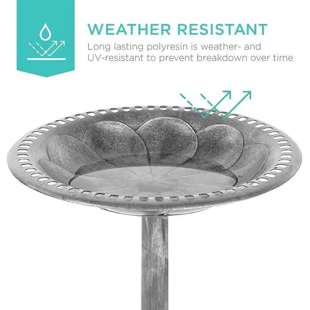 Alt view image 2 of 7 - Best Choice Products 28in Pedestal Bird Bath, Vintage Outdoor Resin Accent Decoration w/Fleur-de-Lis Accents - Stone