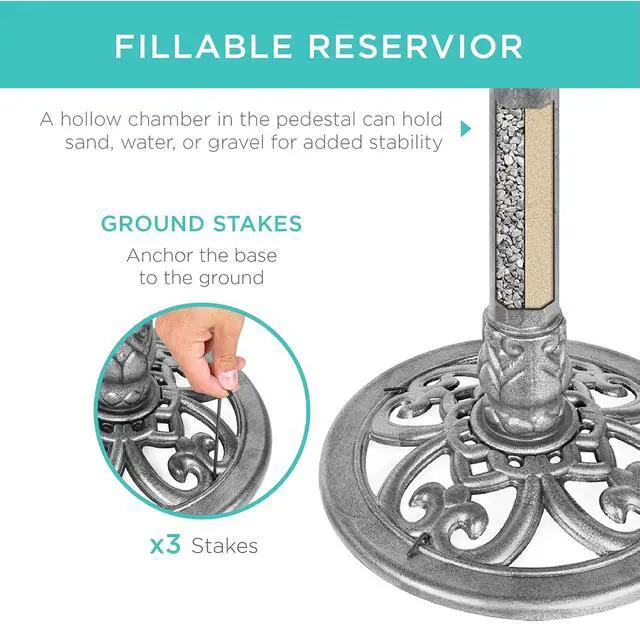 Alt view image 3 of 7 - Best Choice Products 28in Pedestal Bird Bath, Vintage Outdoor Resin Accent Decoration w/Fleur-de-Lis Accents - Stone