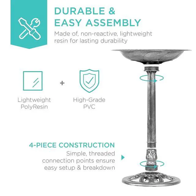 Alt view image 5 of 7 - Best Choice Products 28in Pedestal Bird Bath, Vintage Outdoor Resin Accent Decoration w/Fleur-de-Lis Accents - Stone