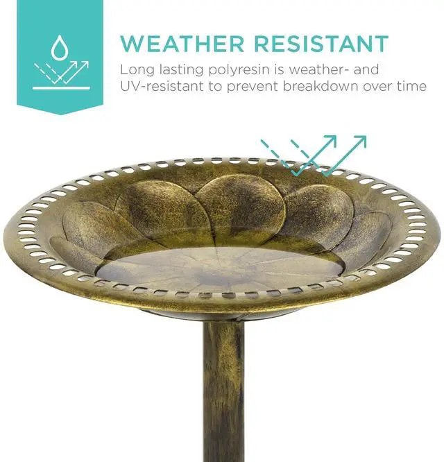 Alt view image 2 of 7 - Best Choice Products 28in Pedestal Bird Bath, Vintage Outdoor Resin Accent Decoration w/Fleur-de-Lis Accents - Gold