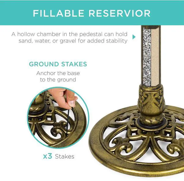 Alt view image 3 of 7 - Best Choice Products 28in Pedestal Bird Bath, Vintage Outdoor Resin Accent Decoration w/Fleur-de-Lis Accents - Gold