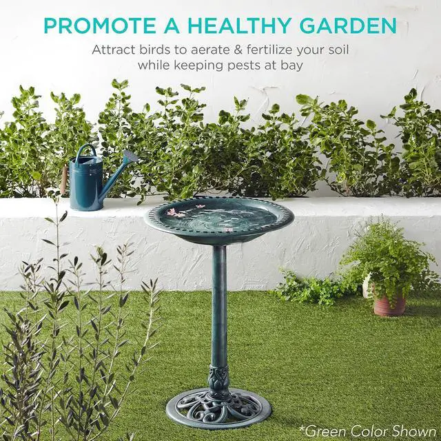 Alt view image 6 of 7 - Best Choice Products 28in Pedestal Bird Bath, Vintage Outdoor Resin Accent Decoration w/Fleur-de-Lis Accents - Black