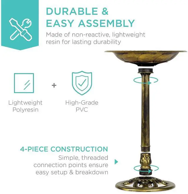 Alt view image 5 of 7 - Best Choice Products 28in Pedestal Bird Bath, Vintage Outdoor Resin Accent Decoration w/Fleur-de-Lis Accents - Gold