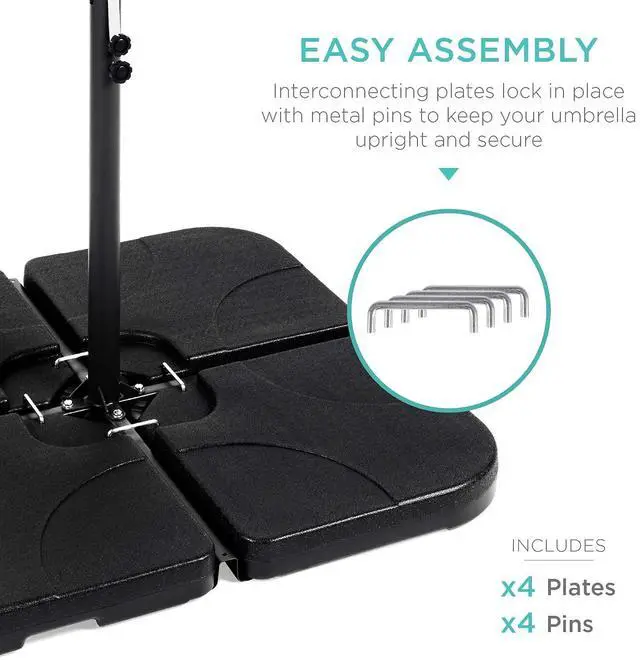 Alt view image 4 of 7 - 4-Piece 155lb Capacity Heavy-Duty Cantilever Offset Patio Umbrella Stand Square Base Plate Set w/ Easy-Fill Spouts for Water or Sand - Black