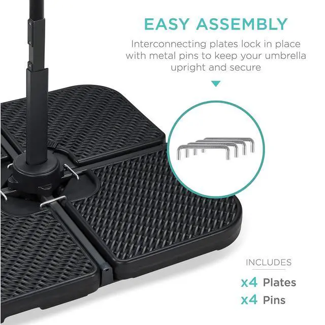 Alt view image 4 of 7 - 4-Piece 174lb Capacity Faux Wicker Cantilever Offset Patio Umbrella Stand Heavy-Duty Square Plate Set w/Easy-Fill Spouts for Water or Sand